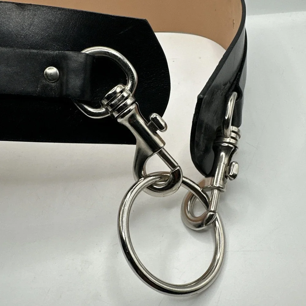 Vintage Harold's Black Leather Belt Silver Equestrian Style Ring Buckle Sz Small